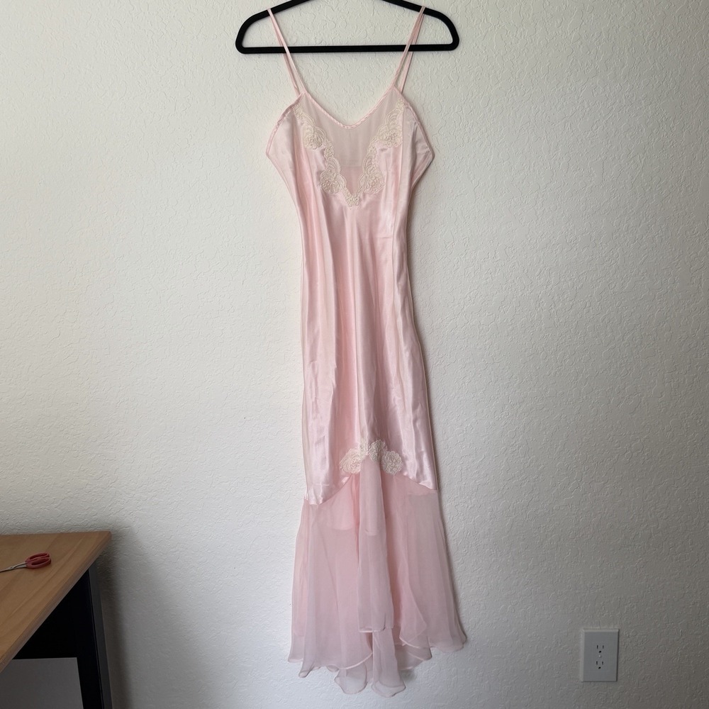 Vintage Victorias Secret Gold Label Tag Slip Long Small Pink Satin Nightgown 80s